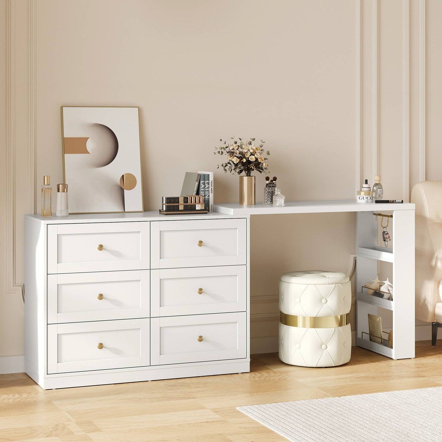 Makeup Vanity Desk with 6 Drawers, Extendable corner Vanity