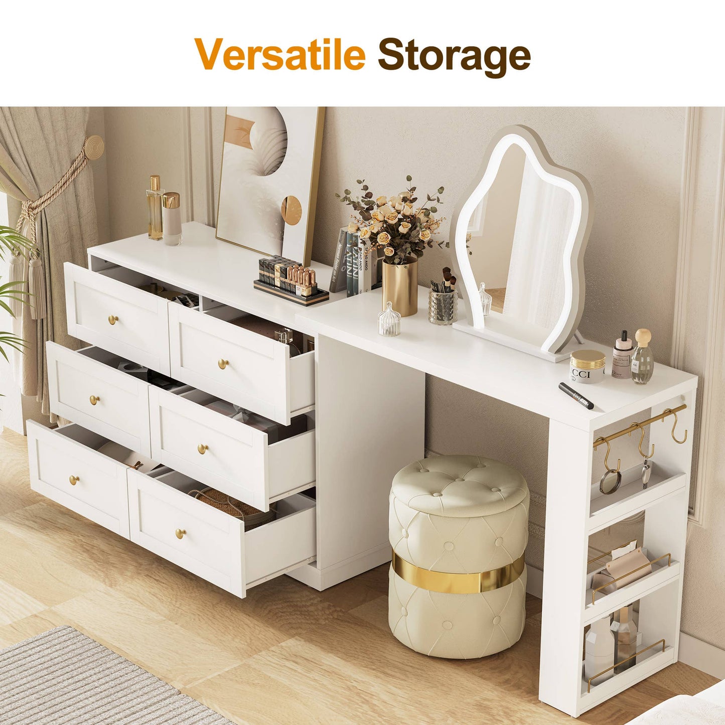 Makeup Vanity Desk with 6 Drawers, Extendable corner Vanity