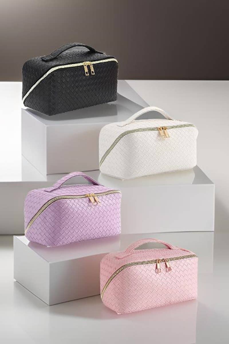 ._ SI-26420 Woven Vegan Leather Cosmetic Makeup Travel Bag