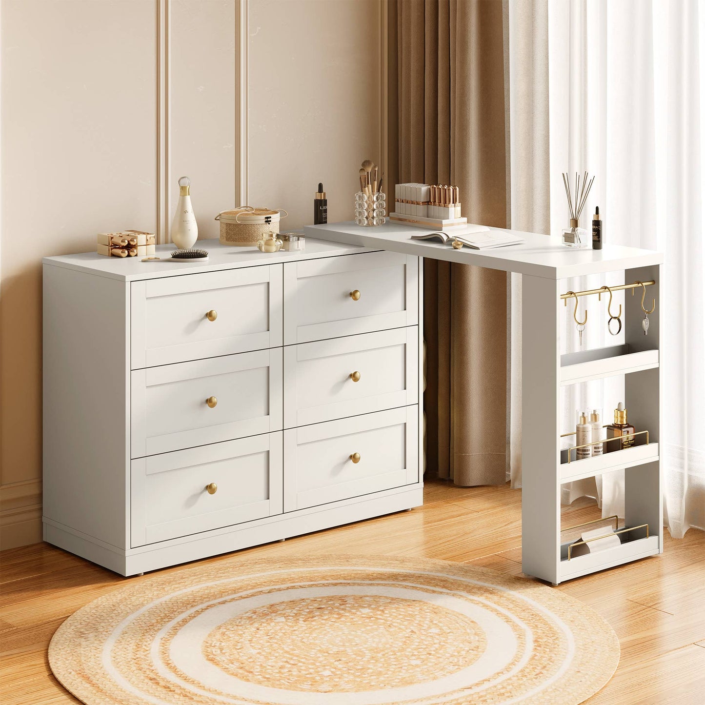 Makeup Vanity Desk with 6 Drawers, Extendable corner Vanity