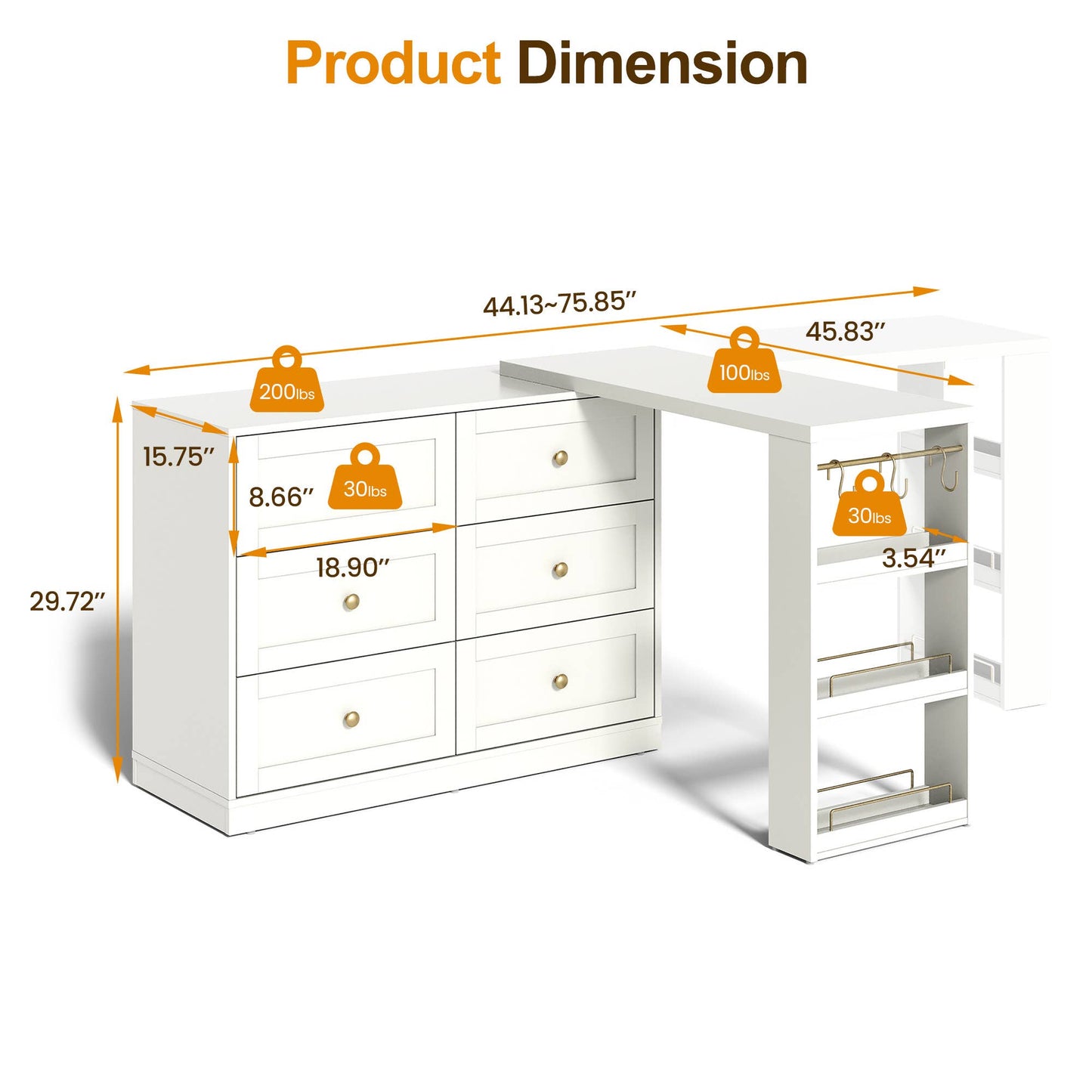 Makeup Vanity Desk with 6 Drawers, Extendable corner Vanity
