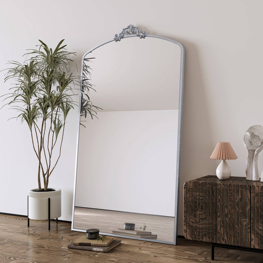 Full Length Mirror 36x66 Inch Vintage Ornate Arched Floor Mirror Metal Framed Mirror Dressing Mirror Oversized Wall Mirror, for Entryway, Living Room, Bedroom, Clothing Shop,  Antique Silver