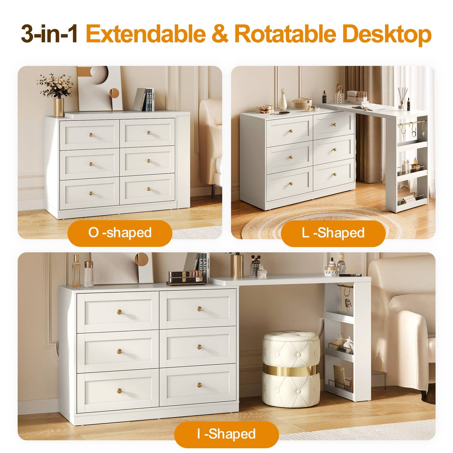 Makeup Vanity Desk with 6 Drawers, Extendable corner Vanity